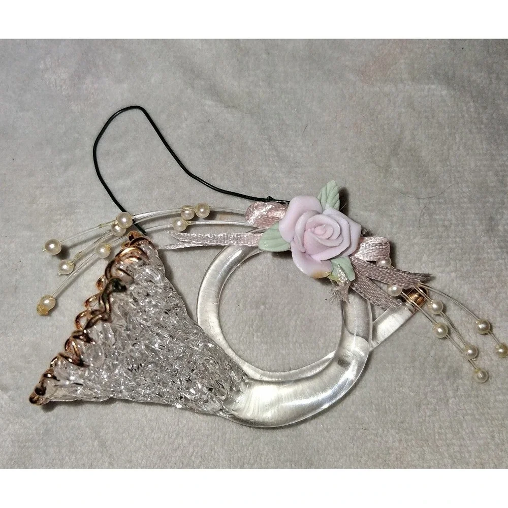 Lot of 4 Spun Glass instrument Ornaments Gold Trim Pink Roses Vintage Style